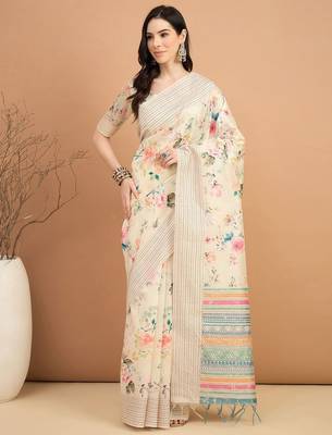 off_white floral printed kantha work silk cotton tussar saree 1