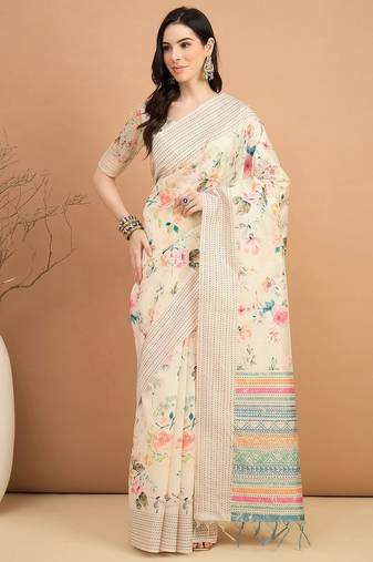 off_white floral printed kantha work silk cotton tussar saree