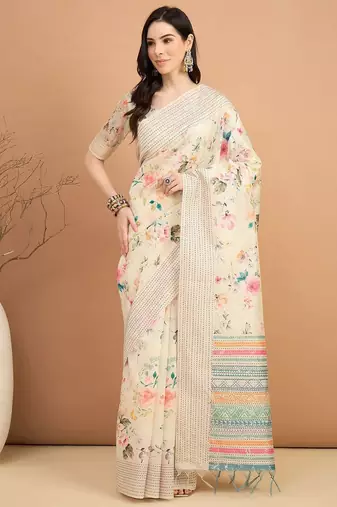 off_white floral printed kantha work silk cotton tussar saree