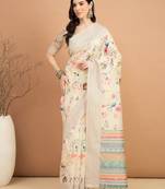 off_white floral printed kantha work silk cotton tussar saree