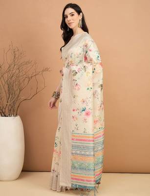 off_white floral printed kantha work silk cotton tussar saree 2