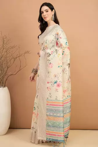 off_white floral printed kantha work silk cotton tussar saree