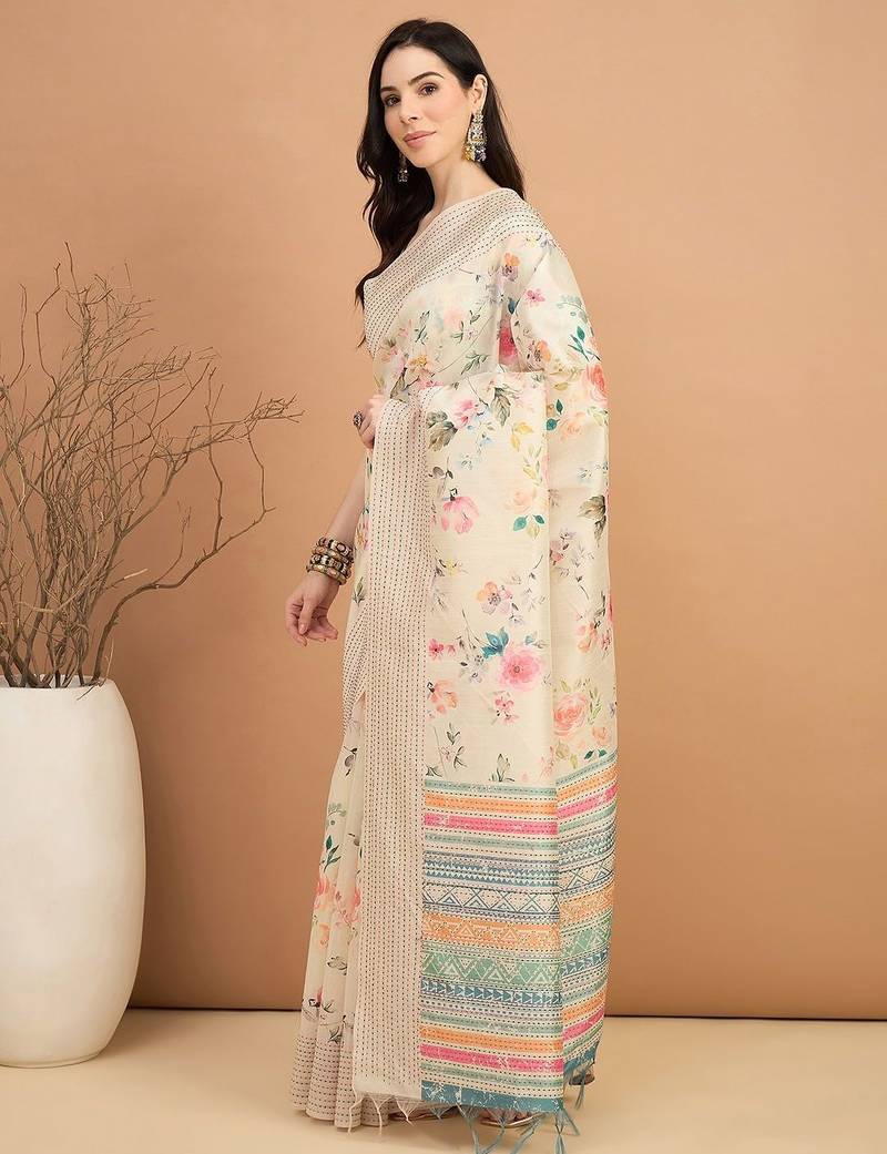 off_white floral printed kantha work silk cotton tussar saree