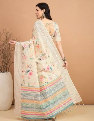 off_white floral printed kantha work silk cotton tussar saree 3