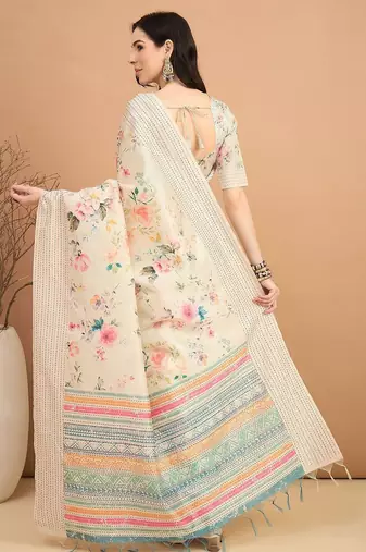 off_white floral printed kantha work silk cotton tussar saree