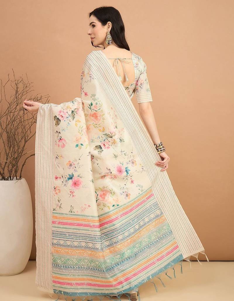 off_white floral printed kantha work silk cotton tussar saree