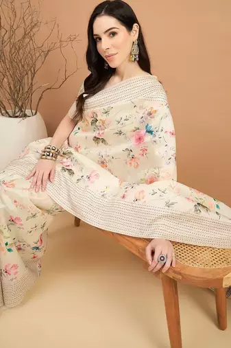 off_white floral printed kantha work silk cotton tussar saree