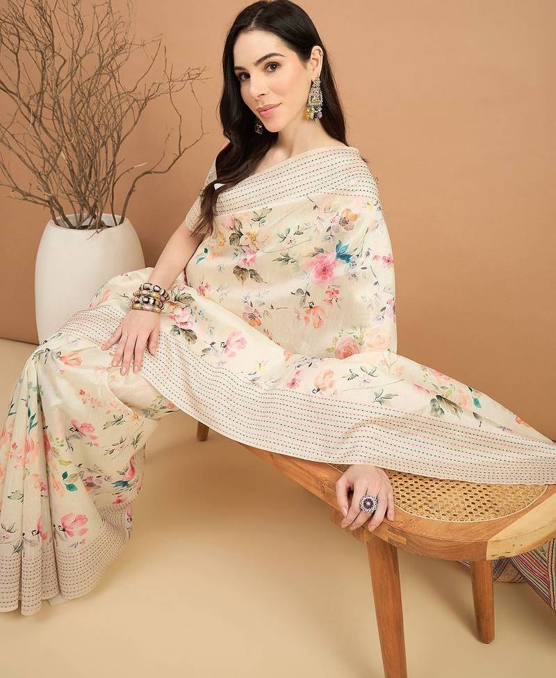 off_white floral printed kantha work silk cotton tussar saree