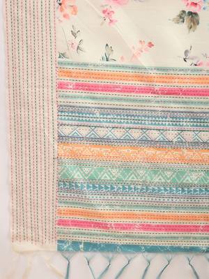 off_white floral printed kantha work silk cotton tussar saree 5