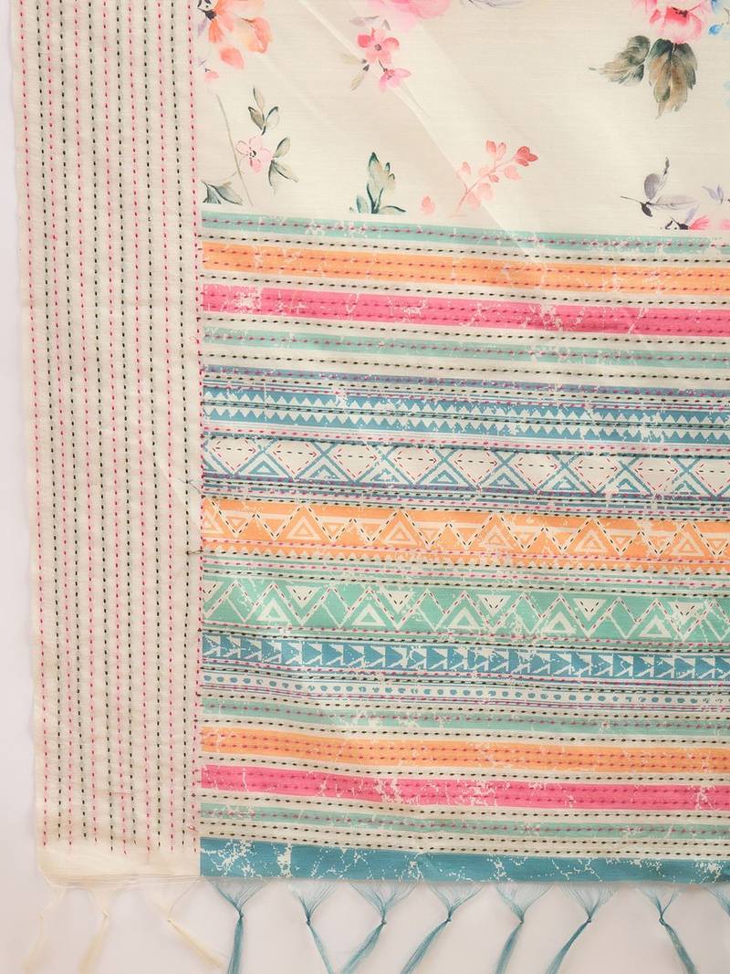 off_white floral printed kantha work silk cotton tussar saree
