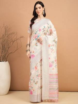 off_white floral kantha work silk cotton tussar saree 1