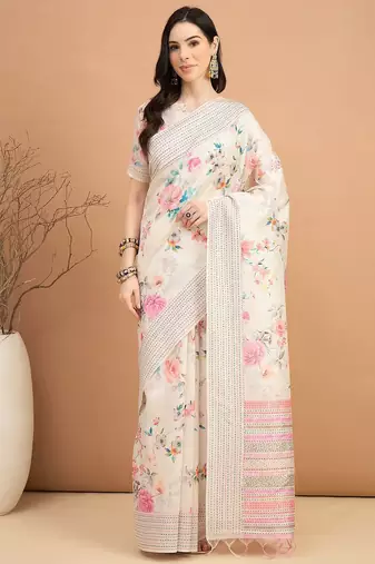 off_white floral kantha work silk cotton tussar saree
