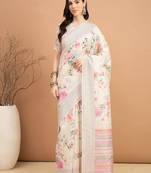 off_white floral kantha work silk cotton tussar saree