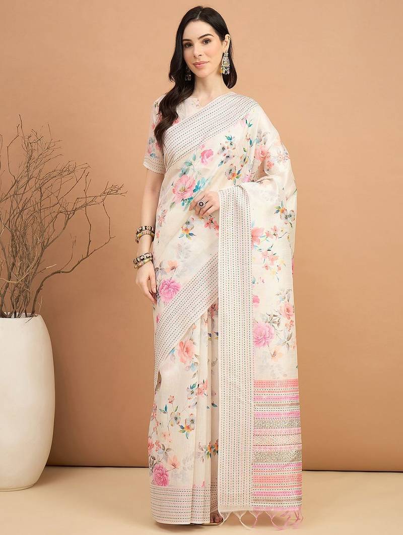 off_white floral kantha work silk cotton tussar saree