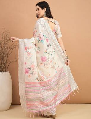off_white floral kantha work silk cotton tussar saree 2
