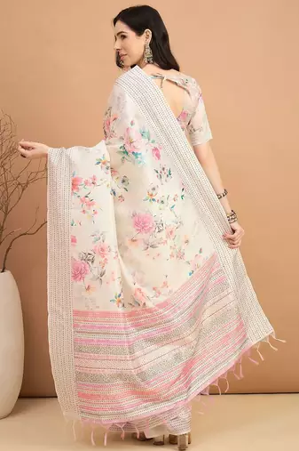 off_white floral kantha work silk cotton tussar saree
