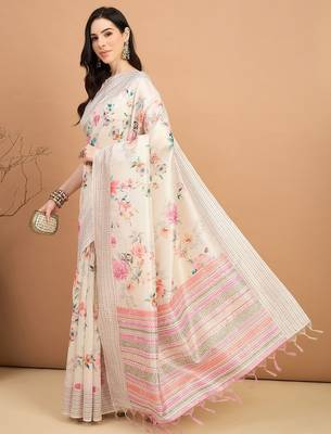 off_white floral kantha work silk cotton tussar saree 3