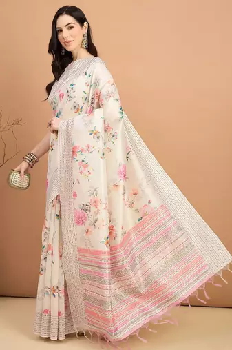 off_white floral kantha work silk cotton tussar saree