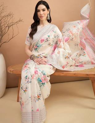 off_white floral kantha work silk cotton tussar saree 4