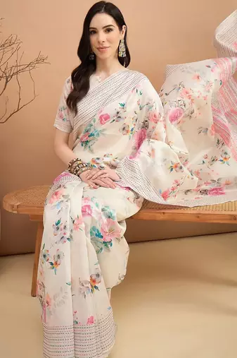 off_white floral kantha work silk cotton tussar saree