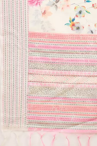 off_white floral kantha work silk cotton tussar saree