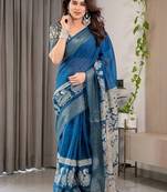 blue ethnic motifs woven design pure cotton saree