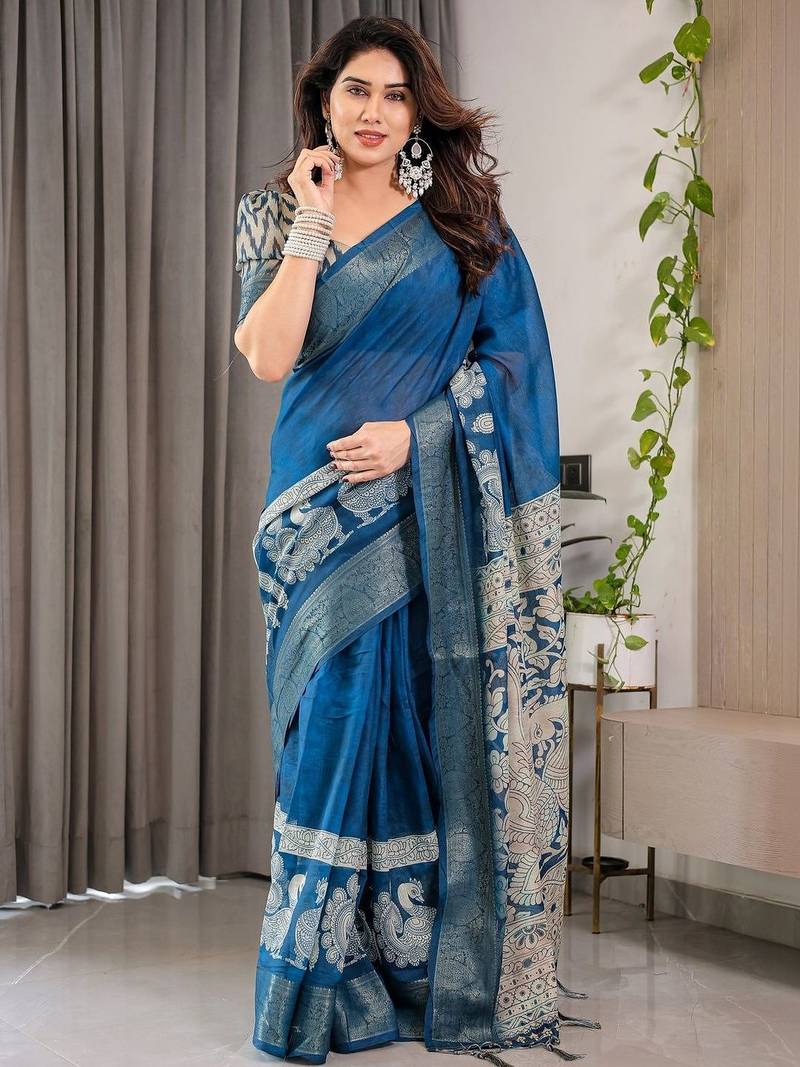 blue ethnic motifs woven design pure cotton saree