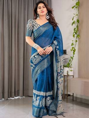 blue ethnic motifs woven design pure cotton saree 2