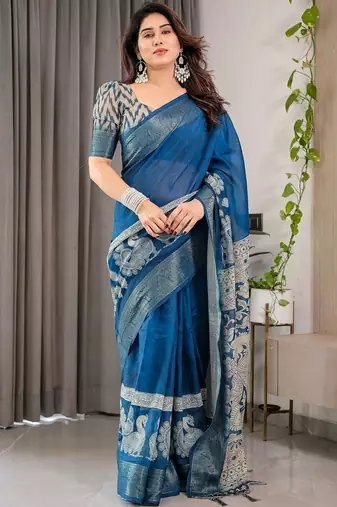 blue ethnic motifs woven design pure cotton saree