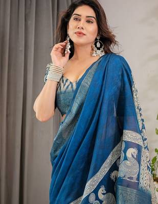 blue ethnic motifs woven design pure cotton saree 3