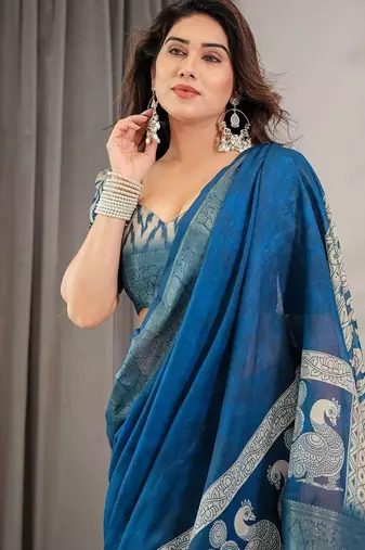 blue ethnic motifs woven design pure cotton saree
