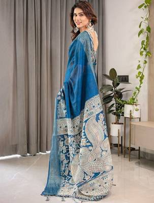 blue ethnic motifs woven design pure cotton saree 4