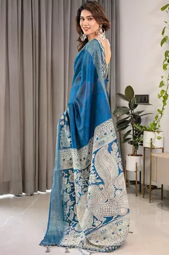 blue ethnic motifs woven design pure cotton saree