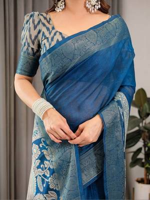 blue ethnic motifs woven design pure cotton saree 5