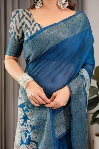 blue ethnic motifs woven design pure cotton saree