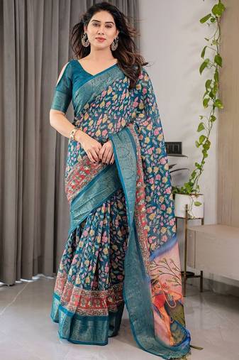teal floral pure cotton designer saree