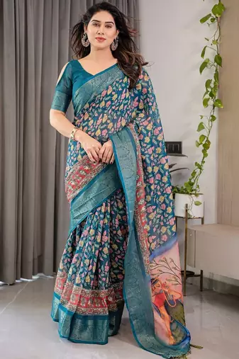 teal floral pure cotton designer saree