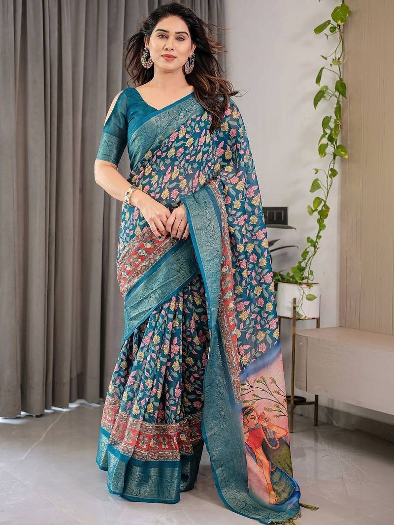 teal floral pure cotton designer saree