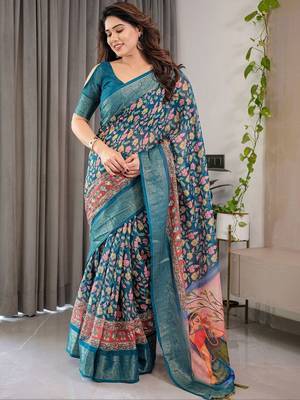 teal floral pure cotton designer saree 2