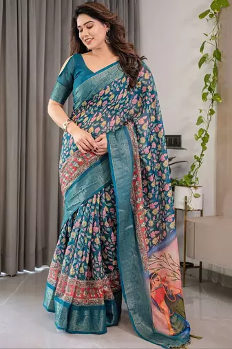 teal floral pure cotton designer saree