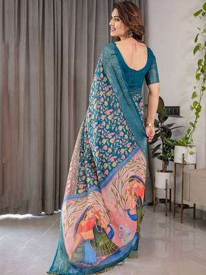teal floral pure cotton designer saree 3