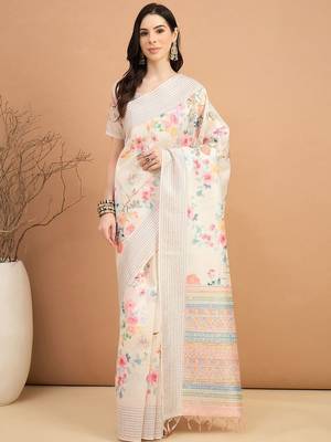 off_white floral kantha work silk cotton tussar saree 1