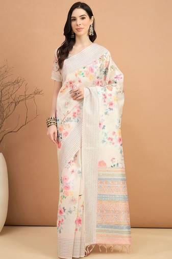 off_white floral kantha work silk cotton tussar saree