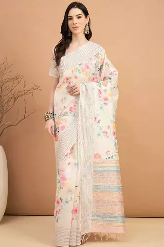 off_white floral kantha work silk cotton tussar saree