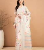 off_white floral kantha work silk cotton tussar saree
