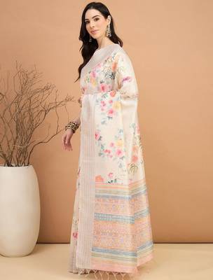 off_white floral kantha work silk cotton tussar saree 2