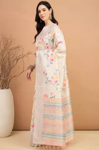off_white floral kantha work silk cotton tussar saree