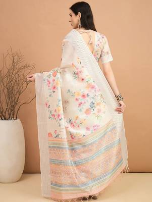 off_white floral kantha work silk cotton tussar saree 3