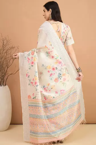 off_white floral kantha work silk cotton tussar saree