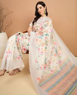 off_white floral kantha work silk cotton tussar saree 4